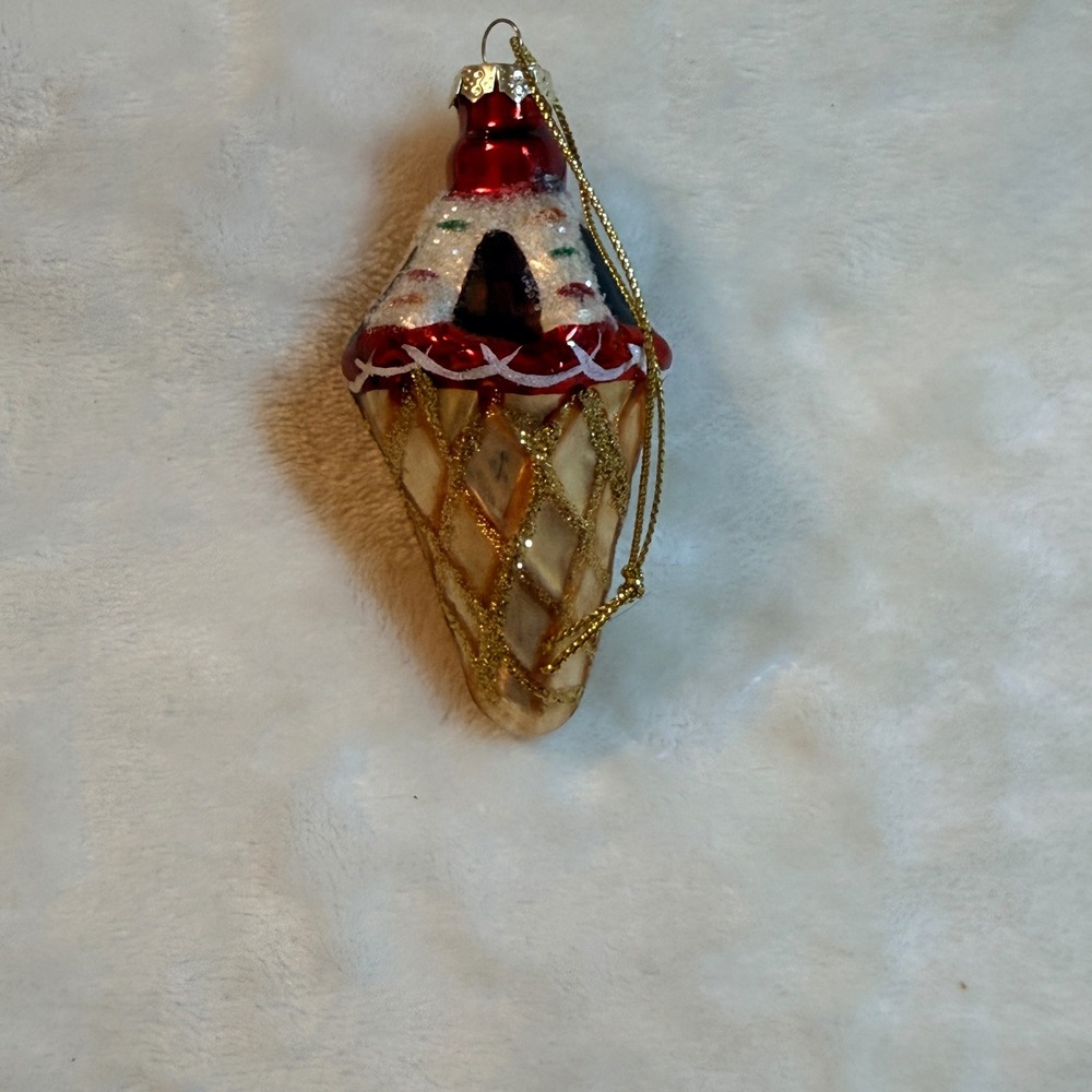 Glass Ice Cream Cone Christmas Ornament Gold Glitter Waffle Sprinkles 4 Inch